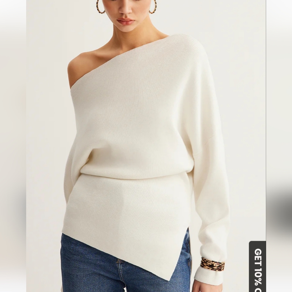 Commense Wool-Blend Asymmetrical Neck Knit Top, XL, NEW